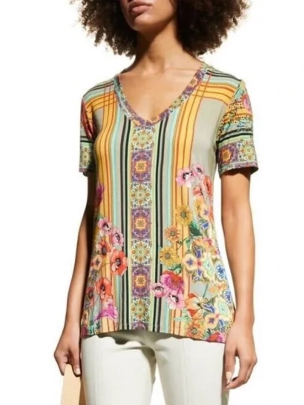 Johnny Was Los Angeles Floral Geometric Mandala Print V-Neck Blouse Size M